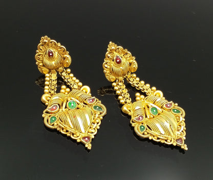22K yellow gold handmade filigree work stud earrings featuring traditional Indian design jewelry with intricate craftsmanship.