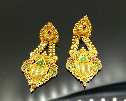 22K yellow gold handmade filigree work stud earrings with traditional Indian design, showcasing intricate craftsmanship and elegant jewelry.