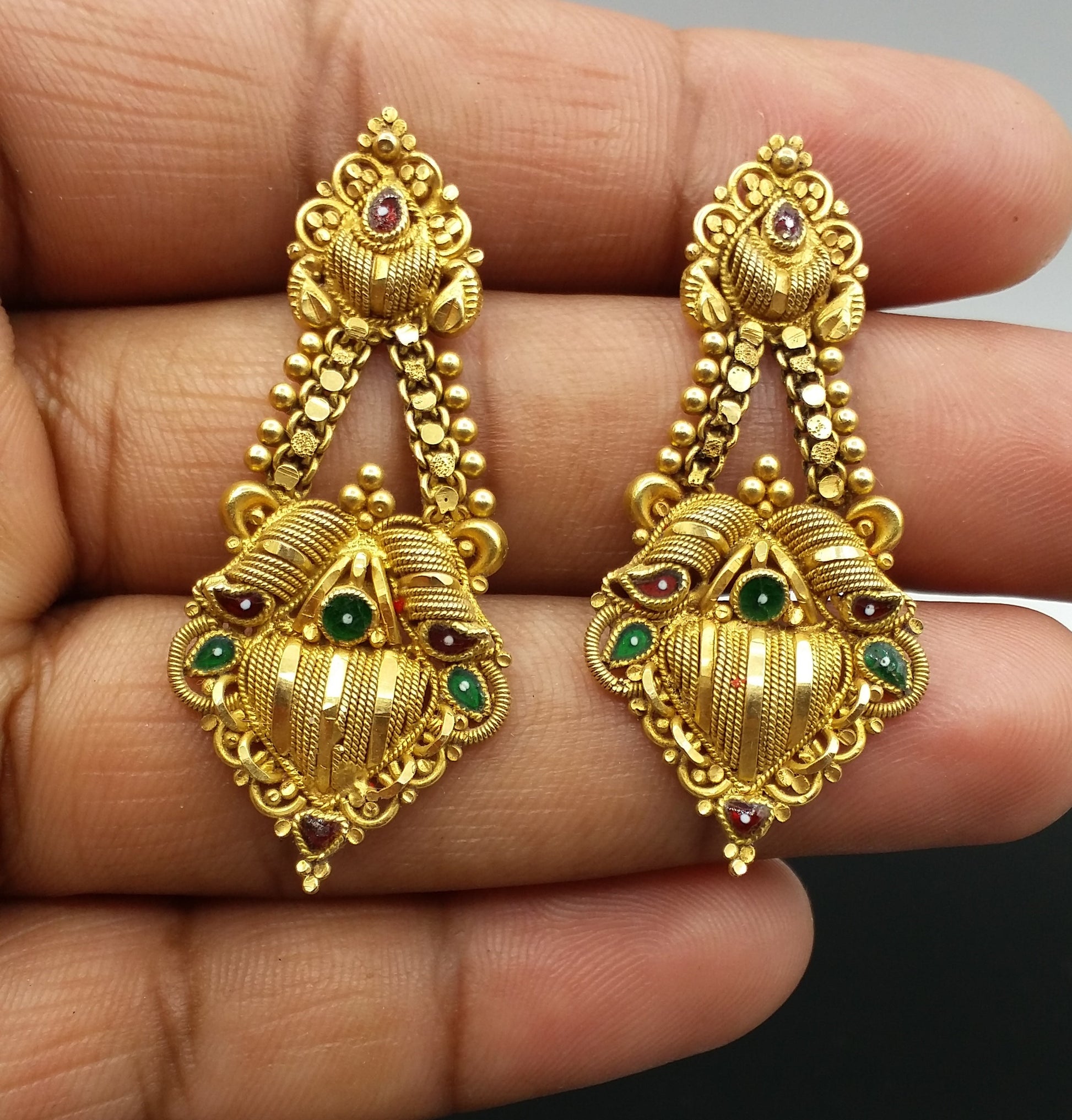 22carat karat yellow gold handmade filigree work stud earring fabulous indian traditional design earring jewelry - TRIBAL ORNAMENTS