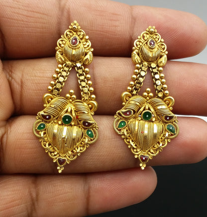 22K yellow gold handmade filigree stud earrings featuring traditional Indian design, crafted by TRIBAL ORNAMENTS.