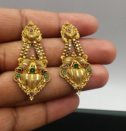 22K yellow gold handmade filigree work stud earrings featuring traditional Indian design, crafted by Tribal Ornaments.
