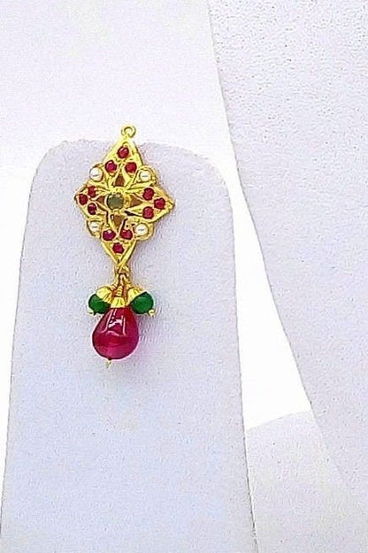 22K gold traditional Punjabi earrings with pearls, rubies, and emeralds, featuring intricate Rajasthani handcrafted bridal jewelry design