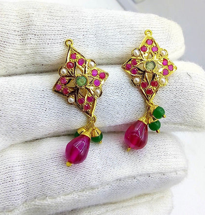 22K gold traditional Punjabi earrings with pearls, rubies, and emeralds, handcrafted Rajasthani bridal jewelry featuring red and green drops.