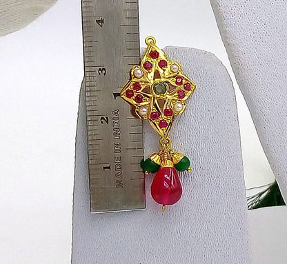 22K gold traditional Punjabi earrings with pearls, rubies, and emeralds, featuring intricate Rajasthani handmade jewelry design.