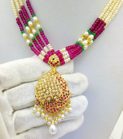 22k Necklace with 22k Earring set india beautiful gold pearl ruby by usa22k mothers day gift - TRIBAL ORNAMENTS