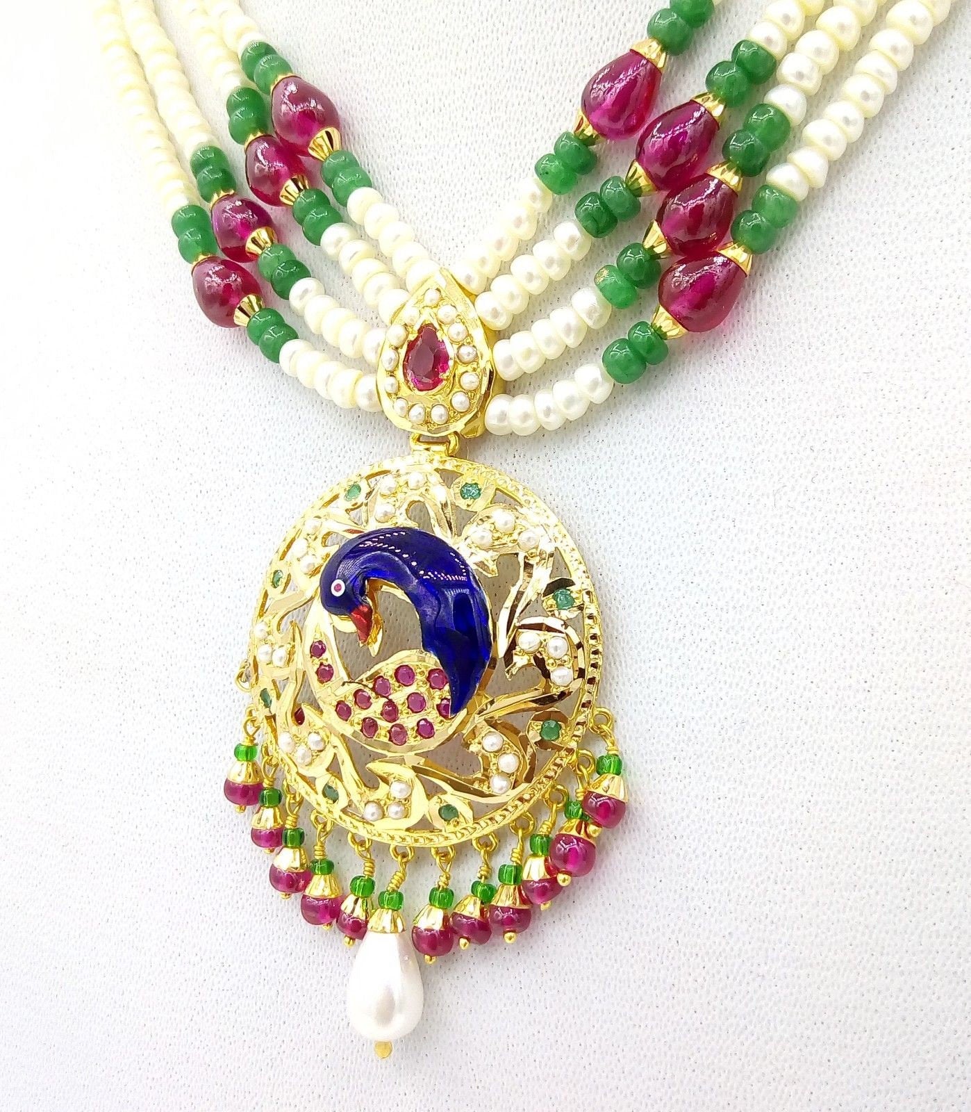 22k Peacock pearl necklace and Earrings beautiful enamel ruby emerald stones 916 hallmark - TRIBAL ORNAMENTS