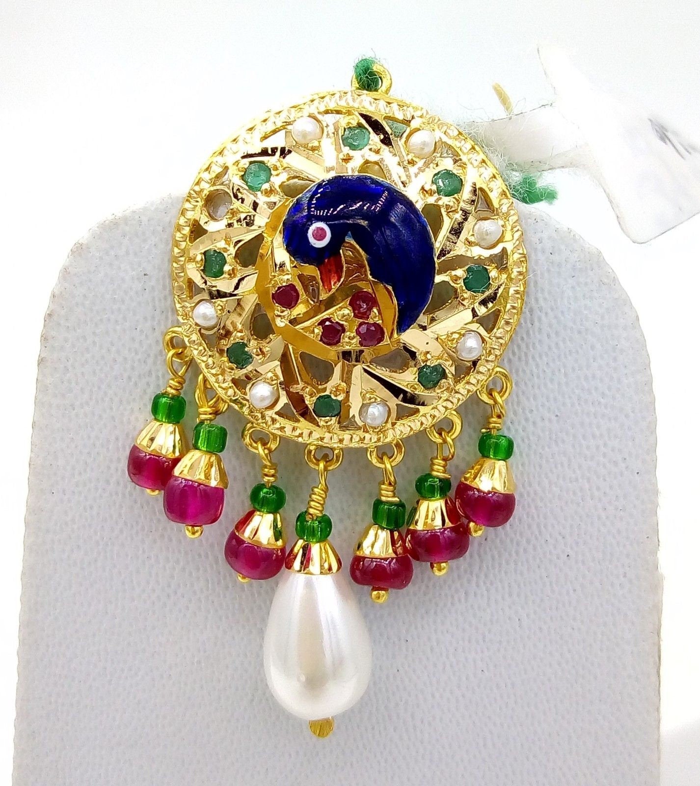 22k Peacock pearl necklace and Earrings beautiful enamel ruby emerald stones 916 hallmark - TRIBAL ORNAMENTS
