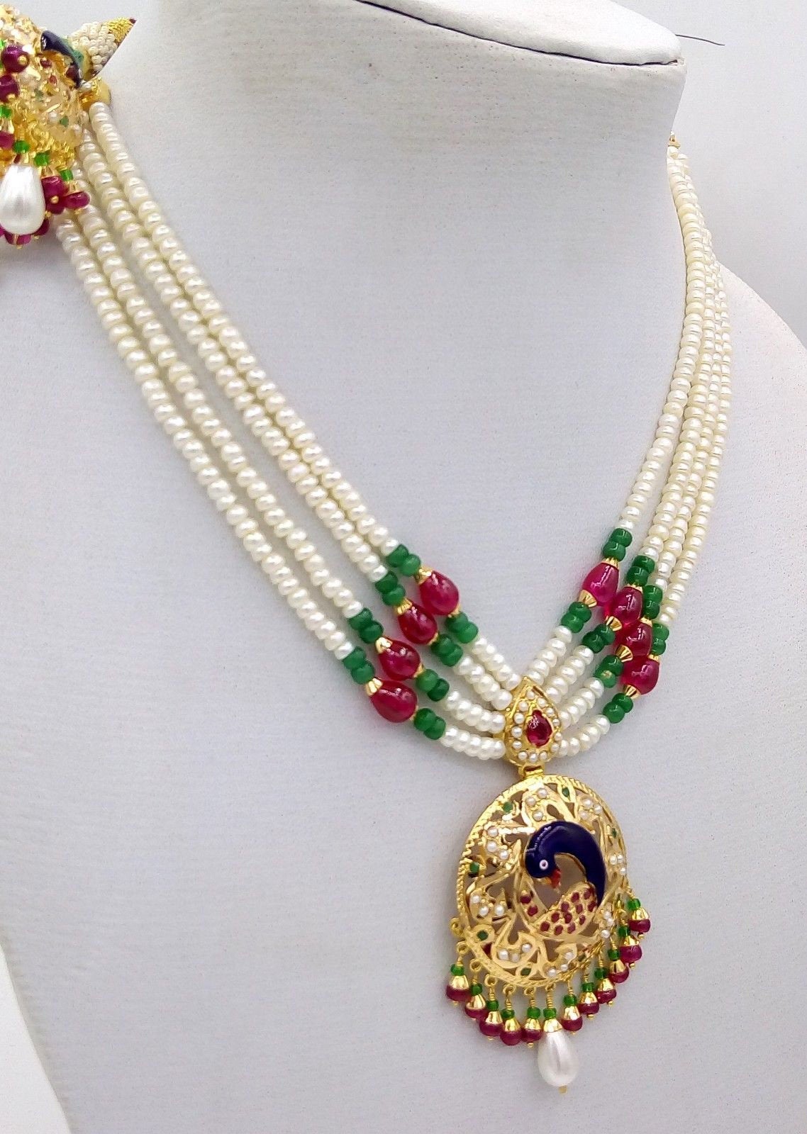 22k Peacock pearl necklace and Earrings beautiful enamel ruby emerald stones 916 hallmark - TRIBAL ORNAMENTS