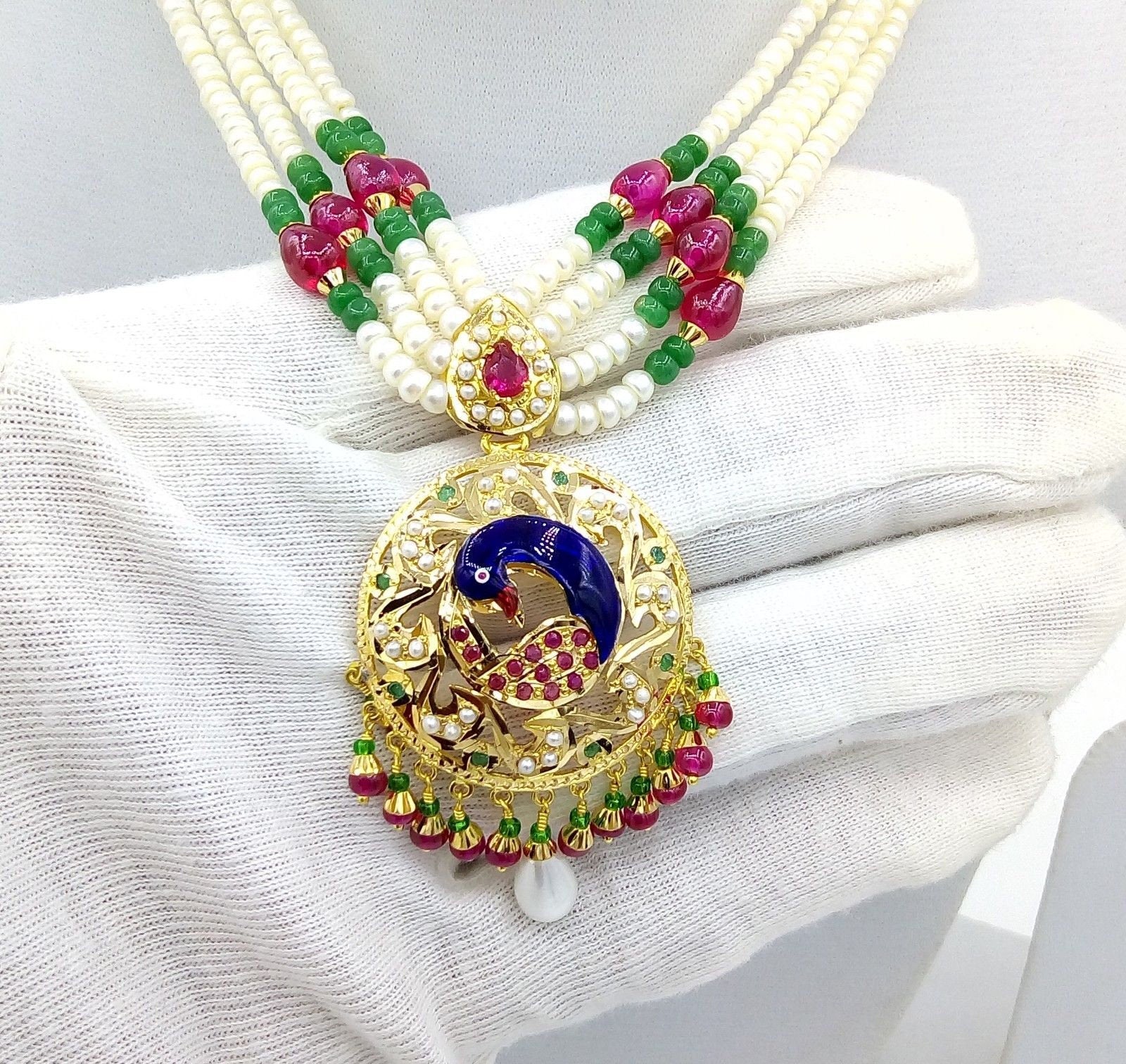 22k Peacock pearl necklace and Earrings beautiful enamel ruby emerald stones 916 hallmark - TRIBAL ORNAMENTS