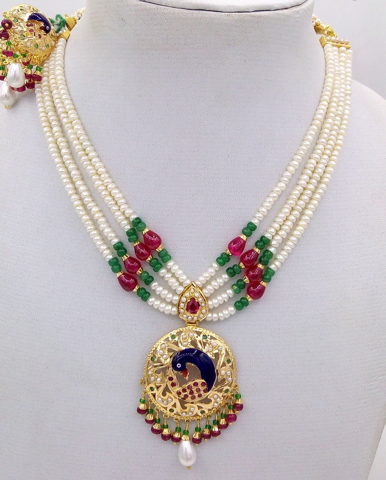 22k Peacock pearl necklace and Earrings beautiful enamel ruby emerald stones 916 hallmark - TRIBAL ORNAMENTS