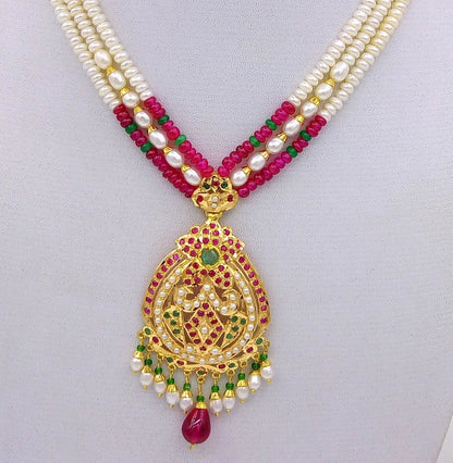 22k punjabi Earrings and 22k necklace india bridal wedding jewellery pearl set india emerald ruby - TRIBAL ORNAMENTS