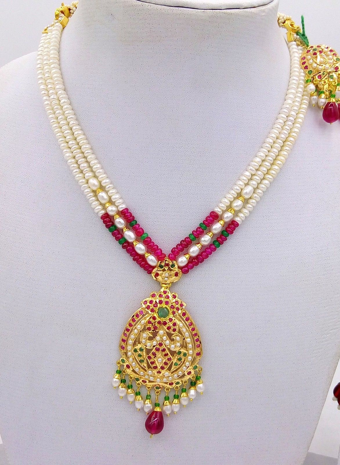 22k punjabi Earrings and 22k necklace india bridal wedding jewellery pearl set india emerald ruby - TRIBAL ORNAMENTS