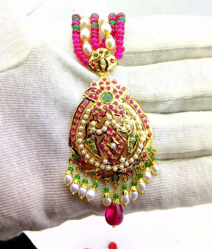 22k punjabi Earrings and 22k necklace india bridal wedding jewellery pearl set india emerald ruby - TRIBAL ORNAMENTS