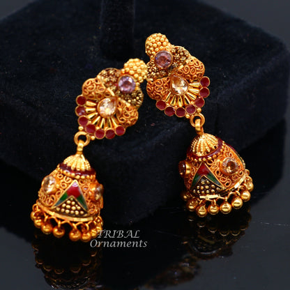 22K yellow gold handmade filigree stud earrings with antique Rajasthan design, perfect for bridal wedding jewelry.