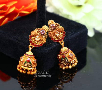 22K yellow gold handmade filigree stud earrings with antique design, bridal wedding jewelry from Rajasthan, India.