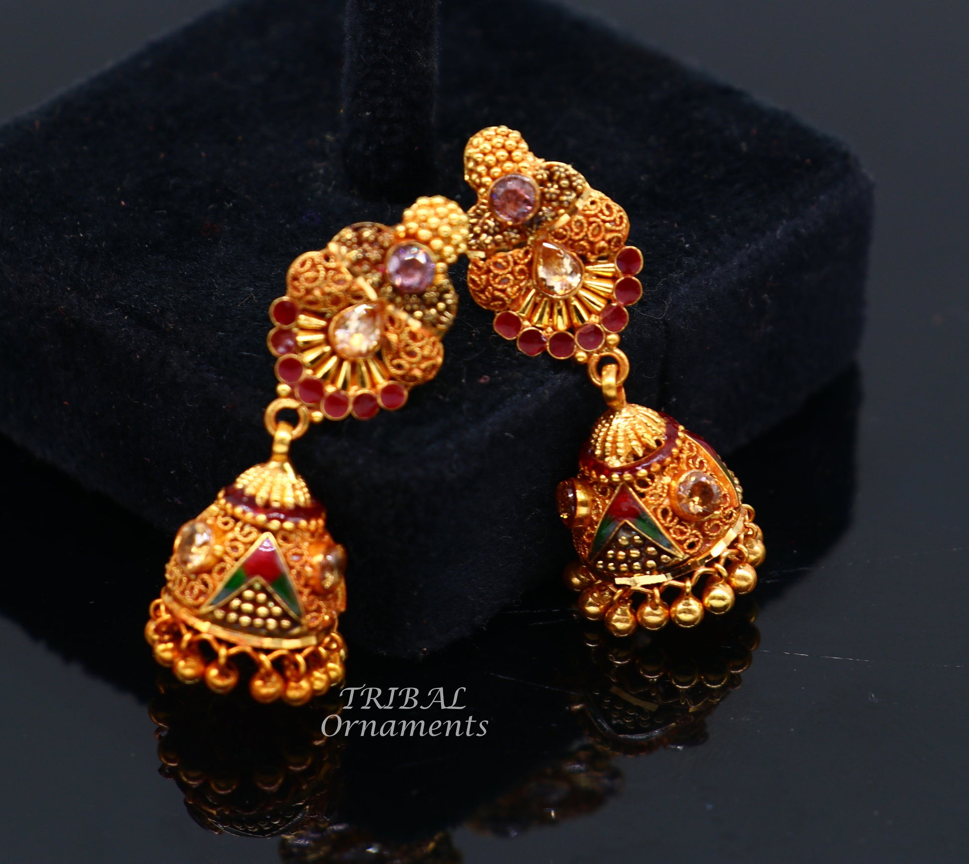 22k yellow gold fabulous handmade filigree work antique designer stud earrings brides wedding jewelry from Rajasthan India er161 - TRIBAL ORNAMENTS