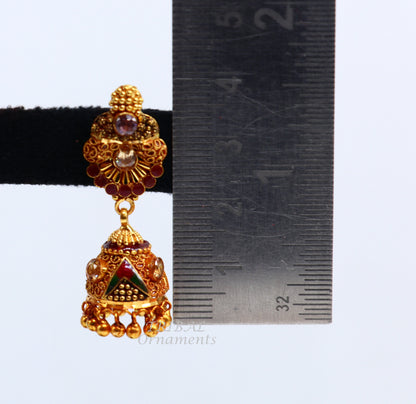 22K yellow gold handmade filigree stud earrings with antique design, perfect for bridal wedding jewelry from Rajasthan, India.
