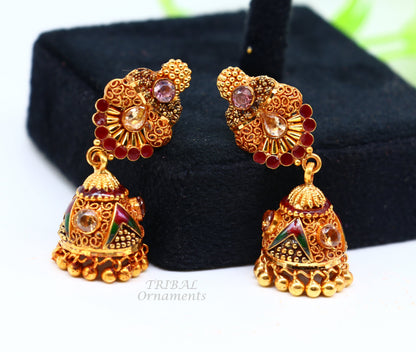 22K yellow gold handmade filigree stud earrings with antique design from Rajasthan, India, perfect for bridal wedding jewelry.
