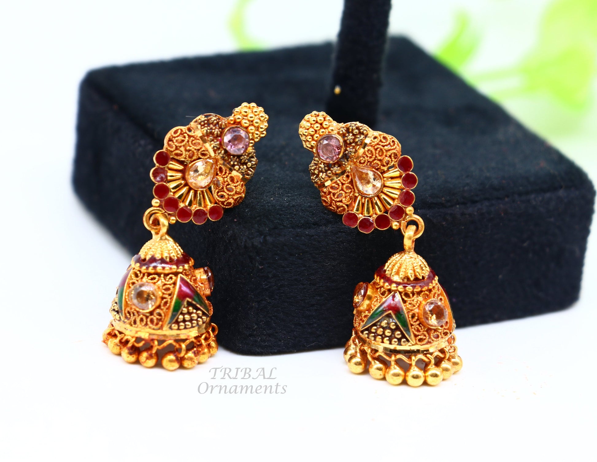22k yellow gold fabulous handmade filigree work antique designer stud earrings brides wedding jewelry from Rajasthan India er161 - TRIBAL ORNAMENTS