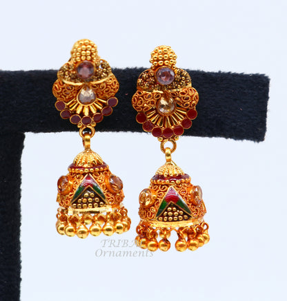 22K yellow gold handmade filigree stud earrings with antique design from Rajasthan, India, perfect for bridal wedding jewelry.