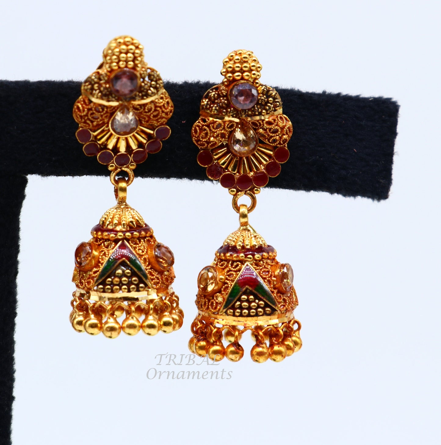 22k yellow gold fabulous handmade filigree work antique designer stud earrings brides wedding jewelry from Rajasthan India er161 - TRIBAL ORNAMENTS