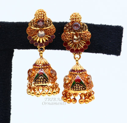 22K yellow gold handmade filigree stud earrings from Rajasthan, India, featuring antique designer craftsmanship for bridal wedding jewelry.