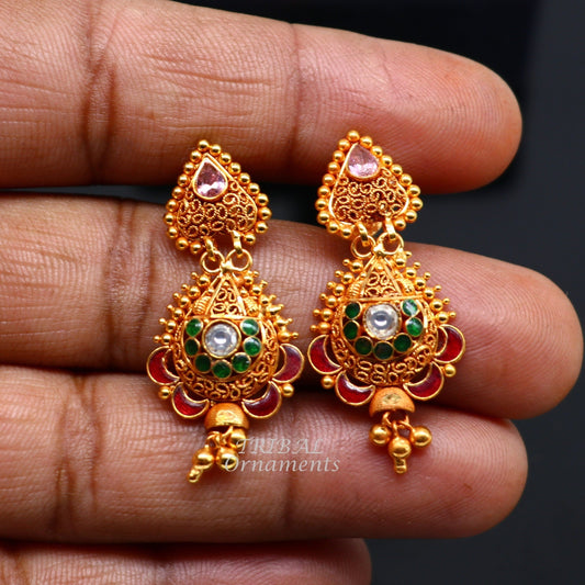 22k yellow gold fabulous handmade filigree work antique designer stud earrings brides wedding jewelry from Rajasthan India er163 - TRIBAL ORNAMENTS