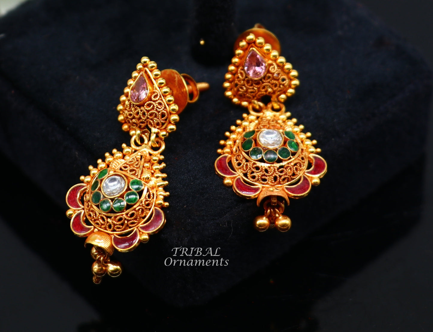 22k yellow gold fabulous handmade filigree work antique designer stud earrings brides wedding jewelry from Rajasthan India er163 - TRIBAL ORNAMENTS