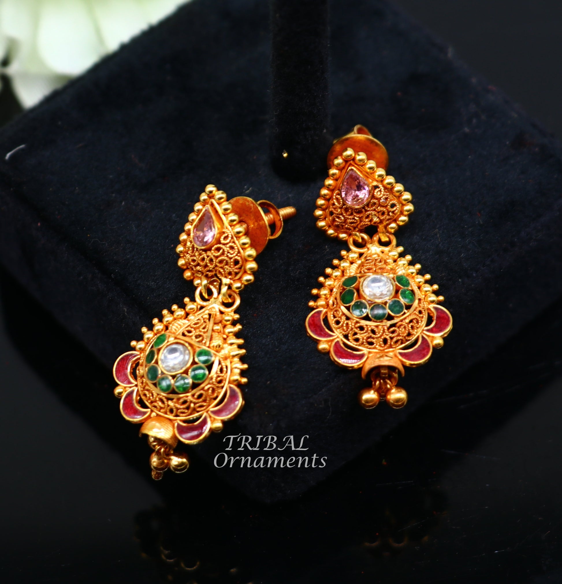 22k yellow gold fabulous handmade filigree work antique designer stud earrings brides wedding jewelry from Rajasthan India er163 - TRIBAL ORNAMENTS
