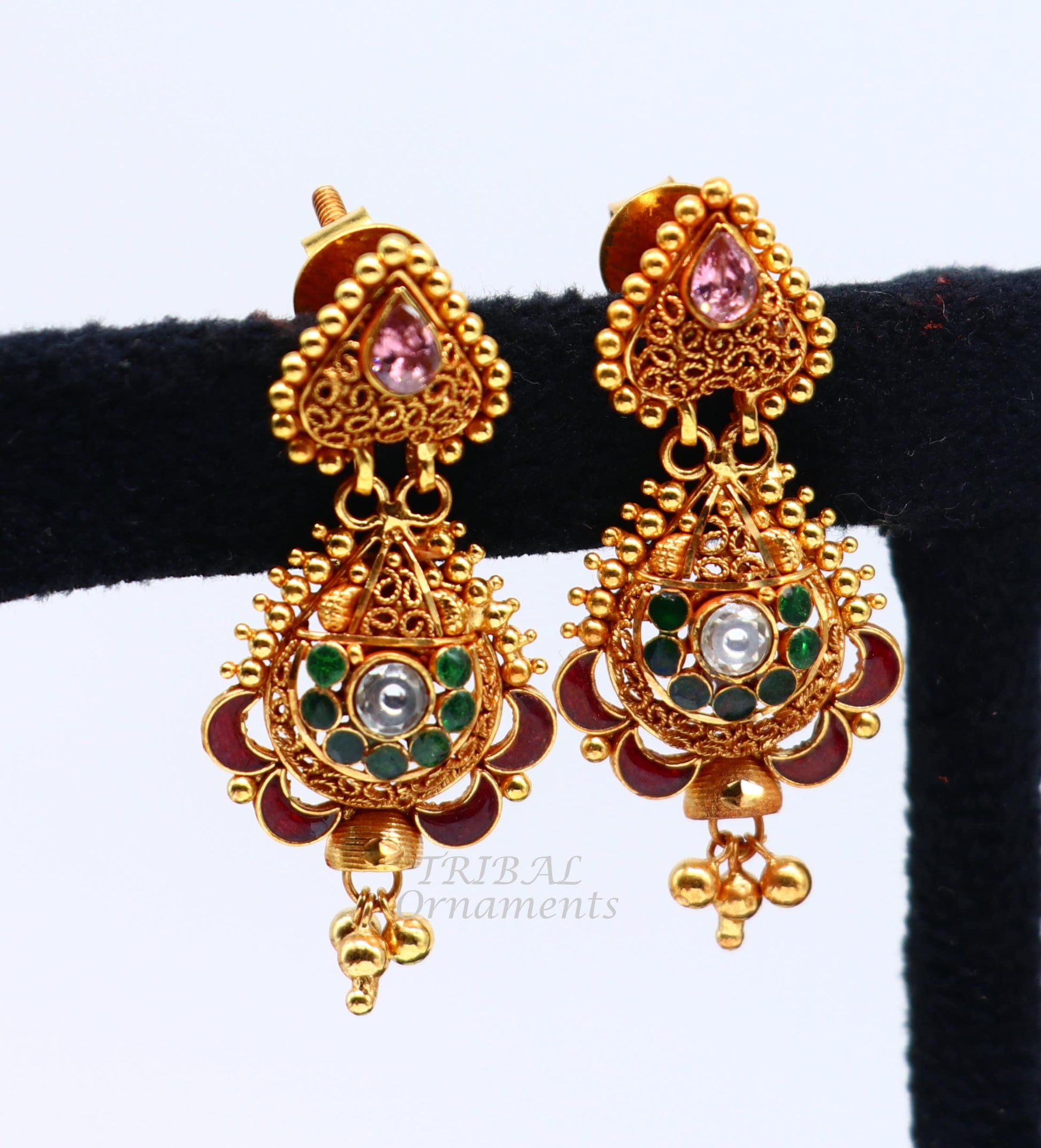 22k yellow gold fabulous handmade filigree work antique designer stud earrings brides wedding jewelry from Rajasthan India er163 - TRIBAL ORNAMENTS