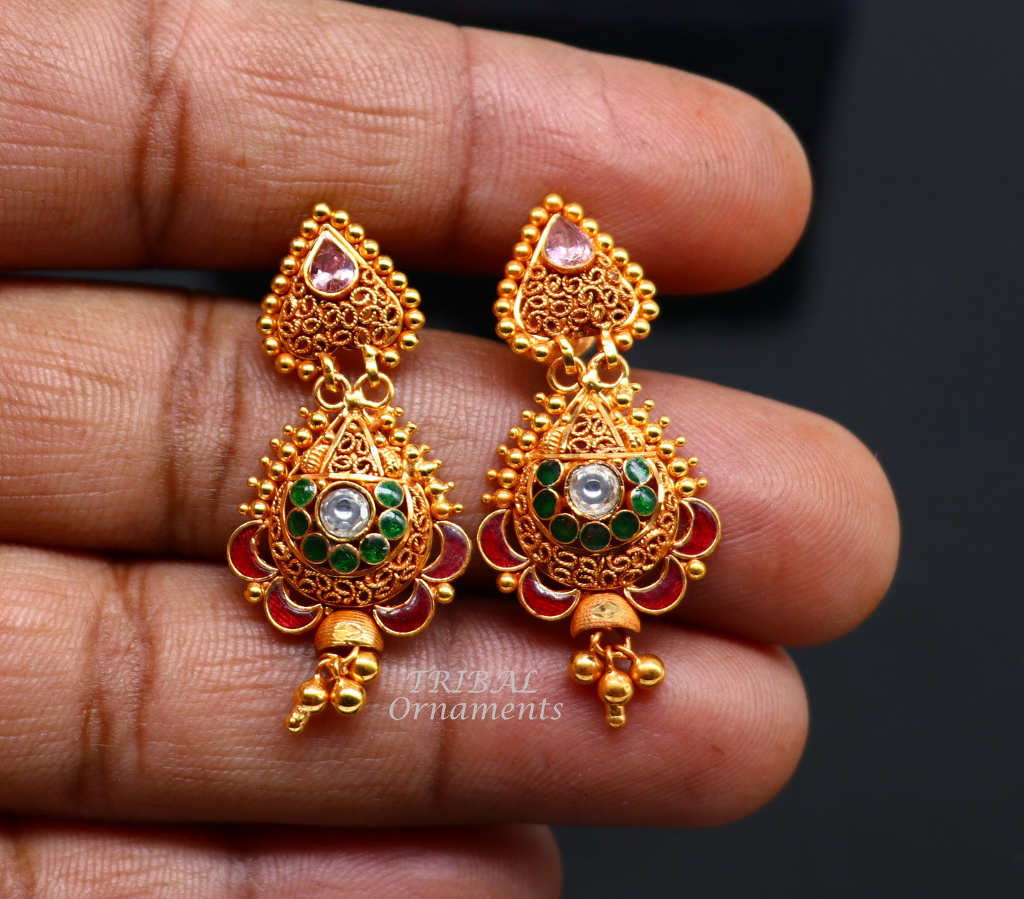22k yellow gold fabulous handmade filigree work antique designer stud earrings brides wedding jewelry from Rajasthan India er163 - TRIBAL ORNAMENTS