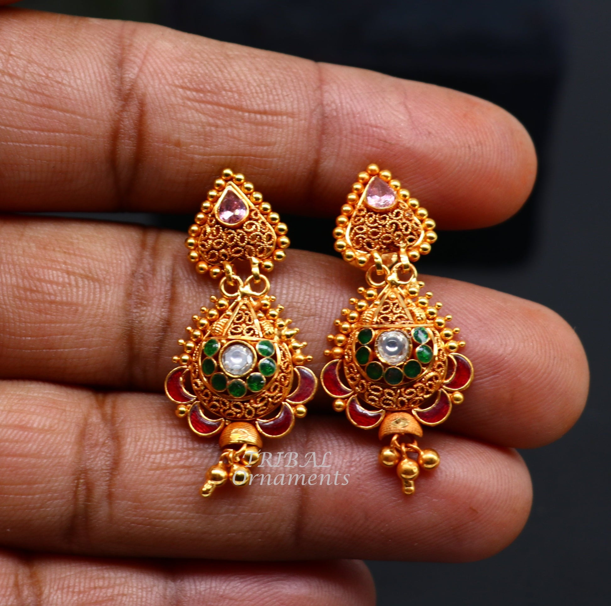 22k yellow gold fabulous handmade filigree work antique designer stud earrings brides wedding jewelry from Rajasthan India er163 - TRIBAL ORNAMENTS