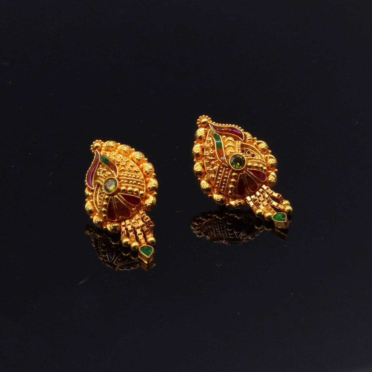 22k yellow gold handmade filigree stud earrings with antique Indian design, perfect for women's wedding jewelry from Rajasthan.