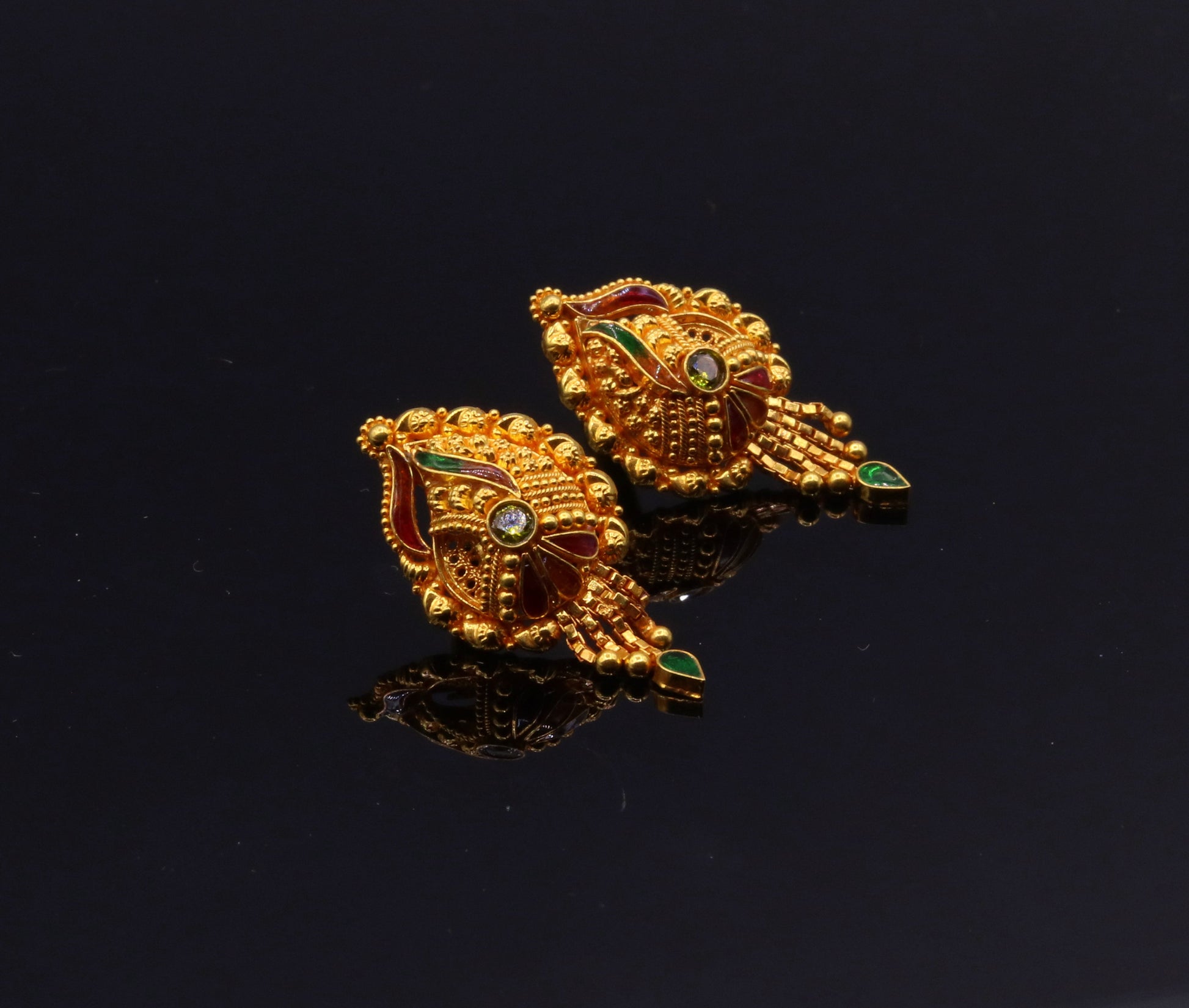 22k yellow gold handmade filigree stud earrings from Rajasthan, Indian wedding jewelry by TRIBAL ORNAMENTS.