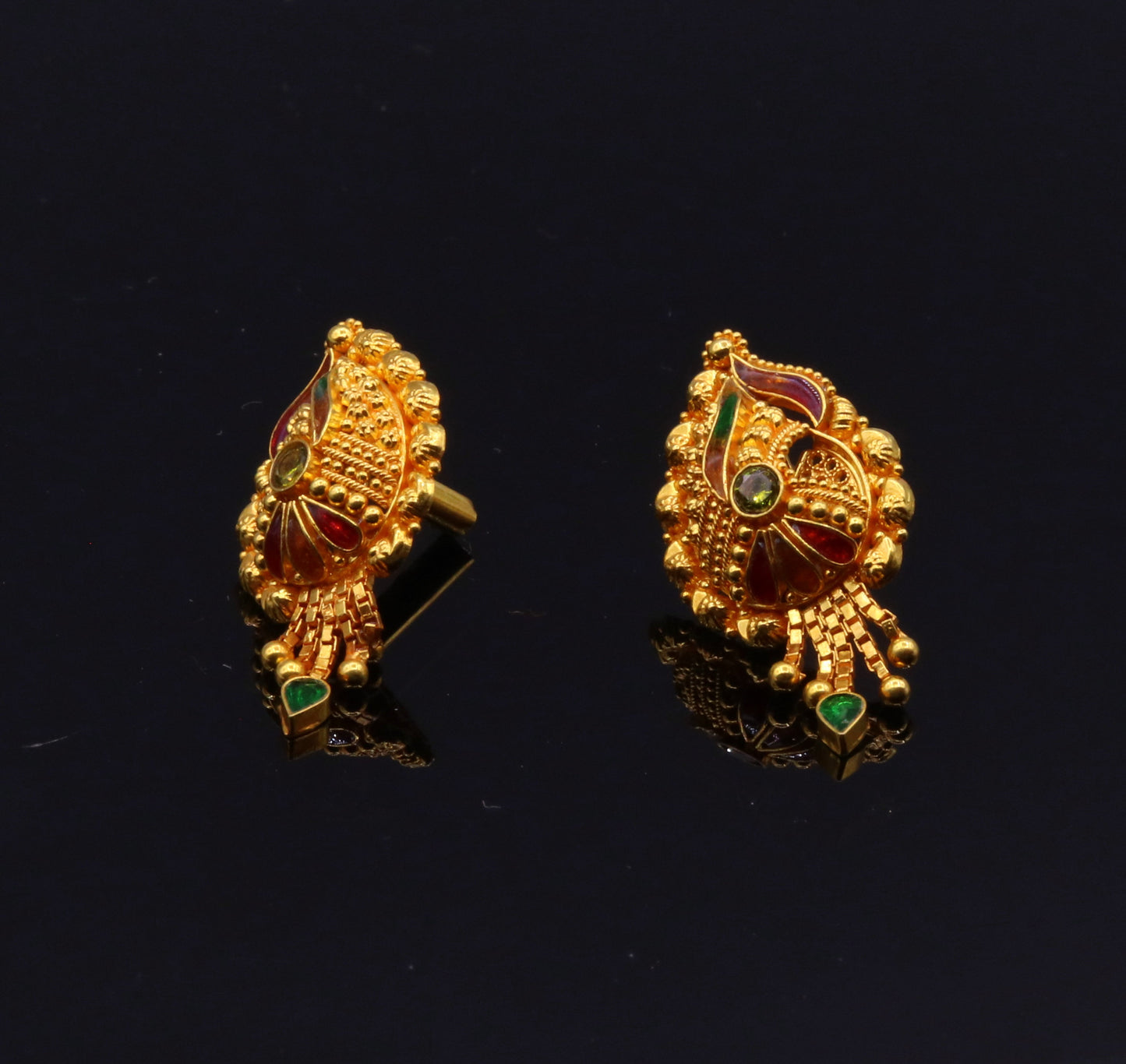 22k yellow gold handmade filigree stud earrings with antique Indian design, perfect for women's wedding jewelry from Rajasthan.