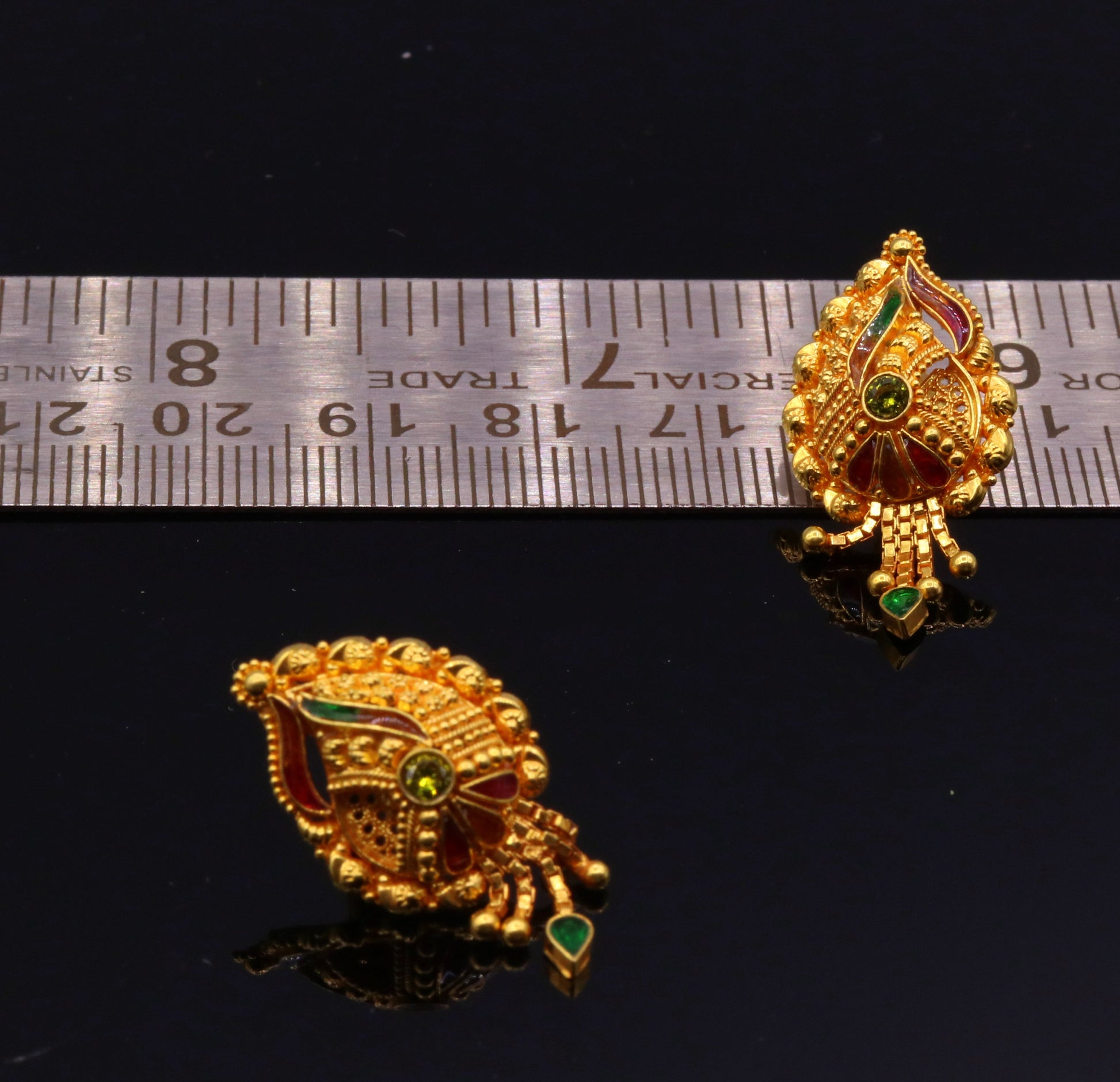 22k yellow gold handmade filigree stud earrings featuring antique design from Rajasthan, perfect for women's wedding jewelry.