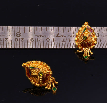 22k yellow gold handmade filigree stud earrings featuring antique design from Rajasthan, perfect for women's wedding jewelry.
