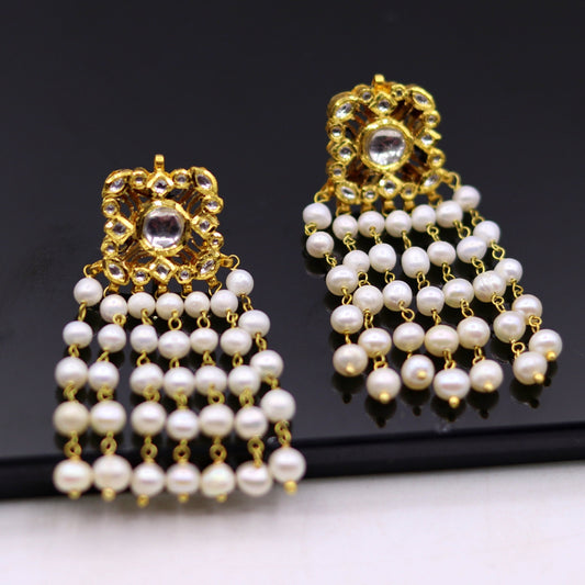 22k yellow gold handmade fabulous kundan jadau stud with dangling pearl excellent bridal jewelry er81 - TRIBAL ORNAMENTS