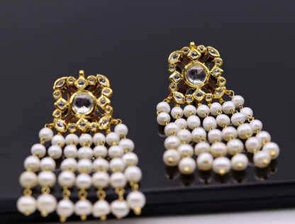 22K yellow gold handmade Kundan Jadau stud earrings with dangling pearls, intricate bridal jewelry by TRIBAL ORNAMENTS