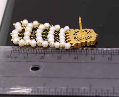 22K yellow gold handmade Kundan Jadau stud earrings with dangling pearls, traditional bridal jewelry by Tribal Ornaments.