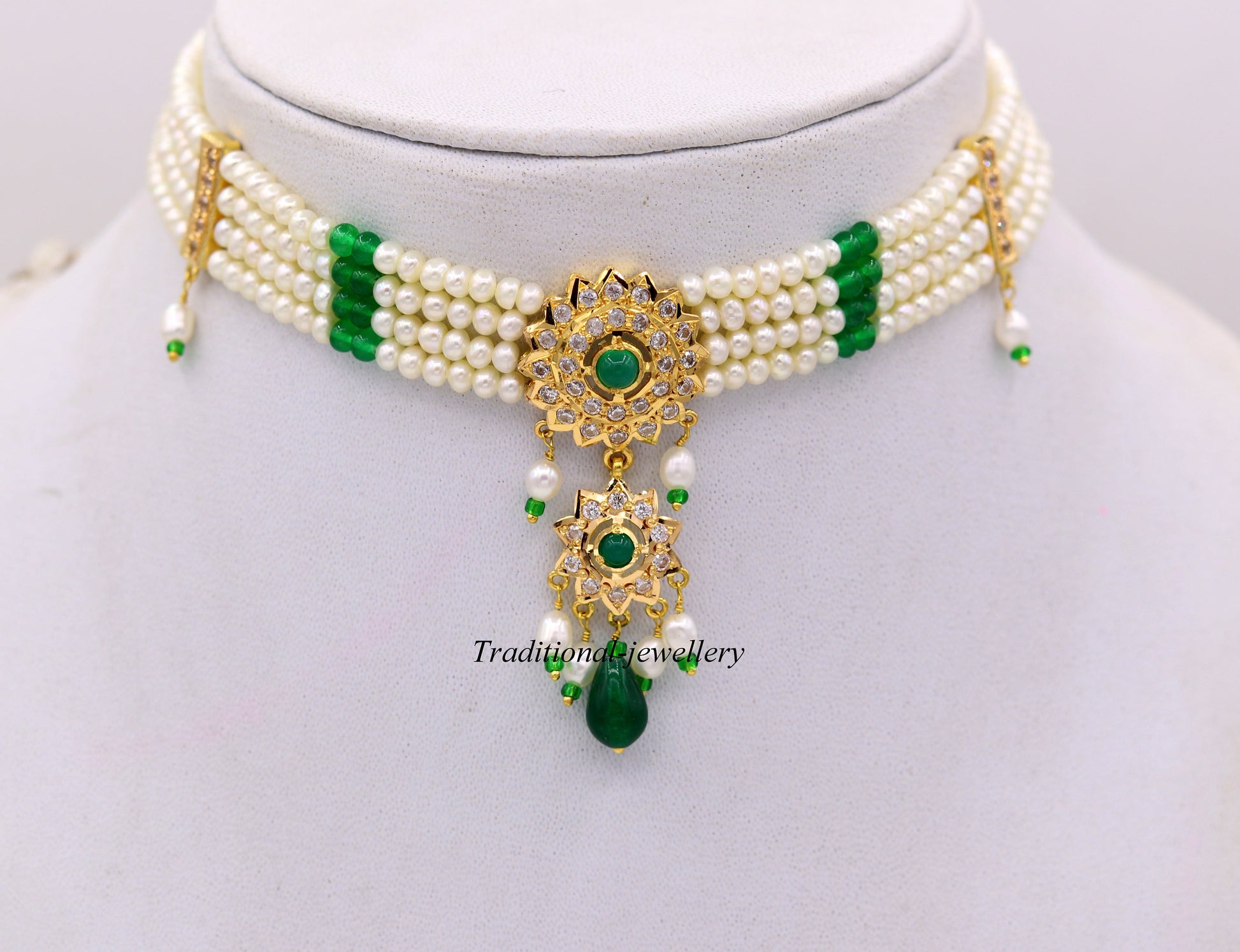 22k yellow gold handmade gorgeous green stone and pearl dangling set bridal wedding anniversary jewelry - TRIBAL ORNAMENTS