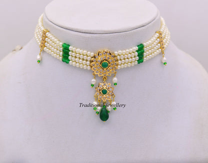22k yellow gold handmade gorgeous green stone and pearl dangling set bridal wedding anniversary jewelry - TRIBAL ORNAMENTS