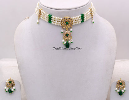 22k yellow gold handmade gorgeous green stone and pearl dangling set bridal wedding anniversary jewelry - TRIBAL ORNAMENTS
