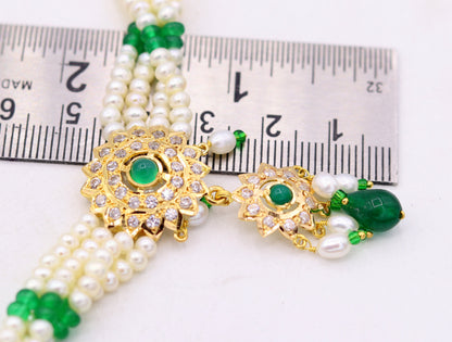 22k yellow gold handmade gorgeous green stone and pearl dangling set bridal wedding anniversary jewelry - TRIBAL ORNAMENTS