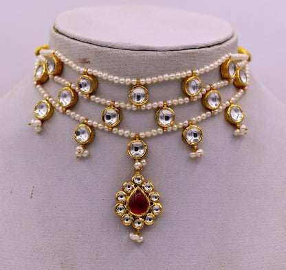 22K yellow gold handmade traditional Rajput antique style solid gold necklace with gorgeous tiny peal stone from Rajasthan India - TRIBAL ORNAMENTS