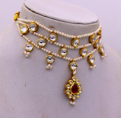 22K yellow gold handmade traditional Rajput antique style solid gold necklace with gorgeous tiny peal stone from Rajasthan India - TRIBAL ORNAMENTS