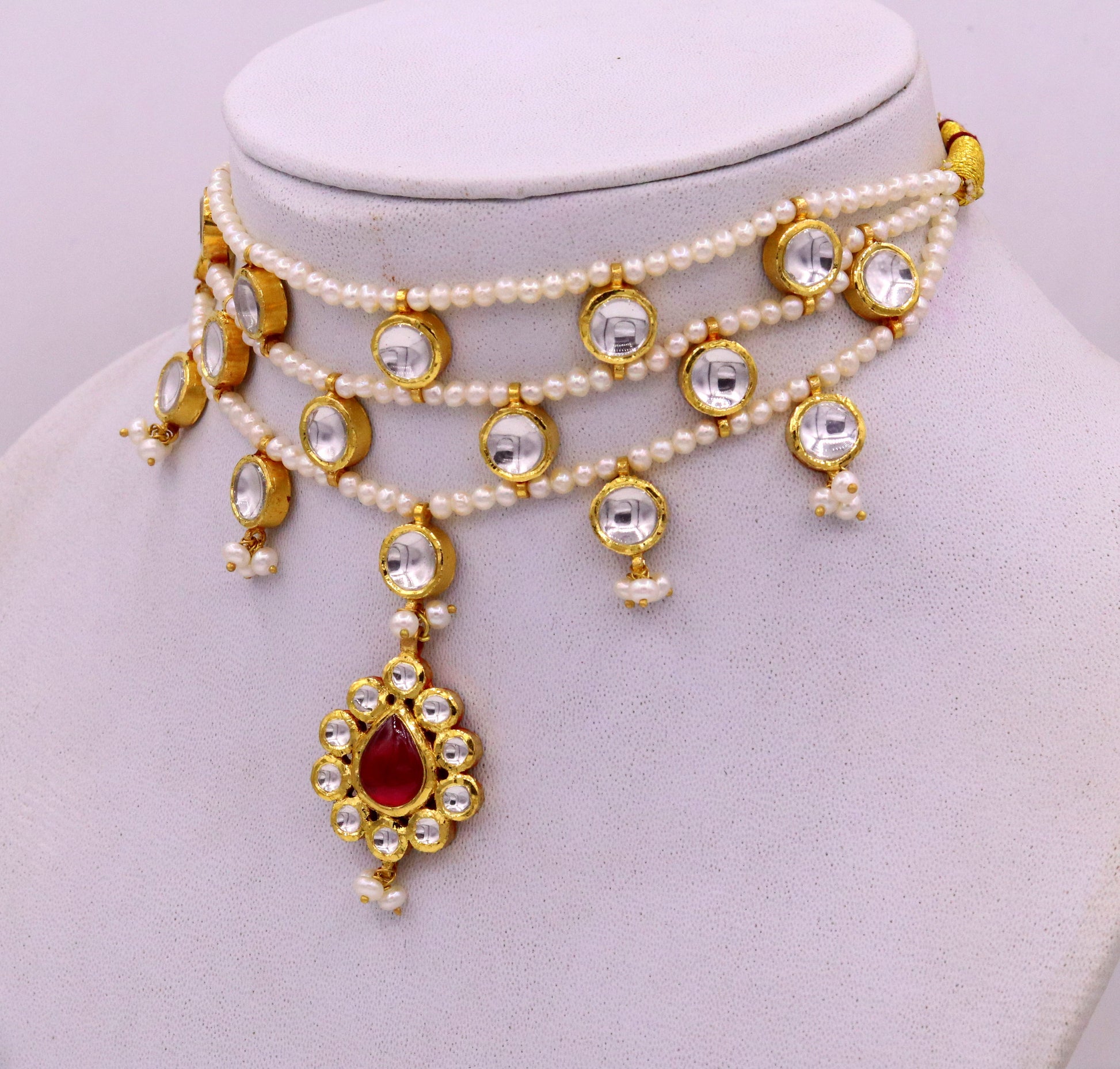 22K yellow gold handmade traditional Rajput antique style solid gold necklace with gorgeous tiny peal stone from Rajasthan India - TRIBAL ORNAMENTS