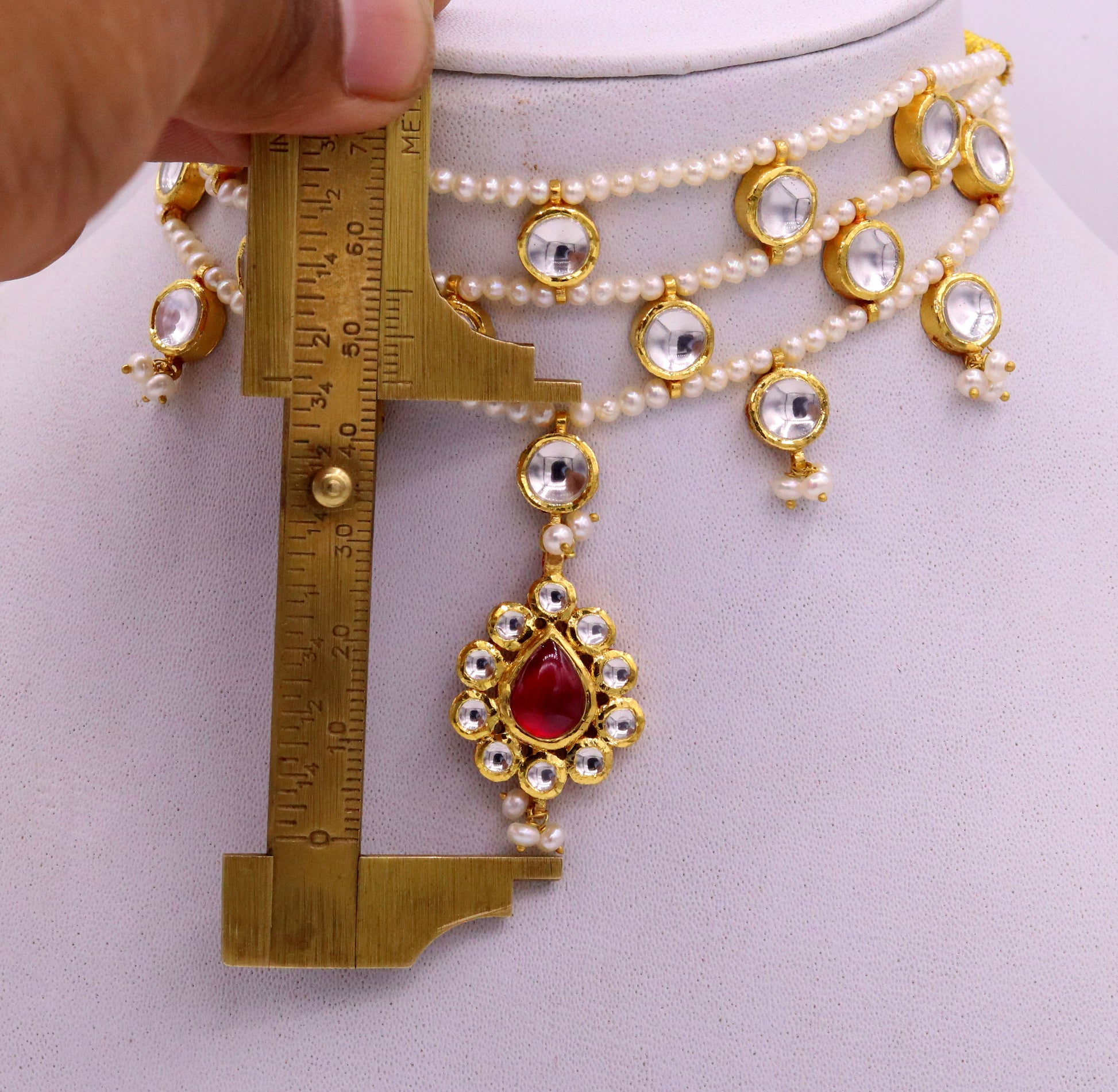 22K yellow gold handmade traditional Rajput antique style solid gold necklace with gorgeous tiny peal stone from Rajasthan India - TRIBAL ORNAMENTS