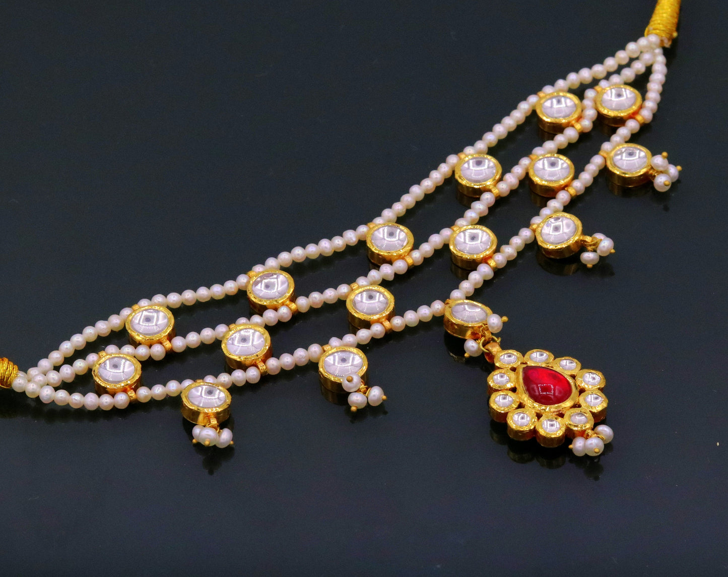 22K yellow gold handmade traditional Rajput antique style solid gold necklace with gorgeous tiny peal stone from Rajasthan India - TRIBAL ORNAMENTS