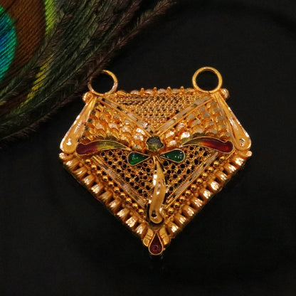 22KT yellow gold handmade filigree work pendant by TRIBAL ORNAMENTS, elegant Indian wedding and party jewelry.